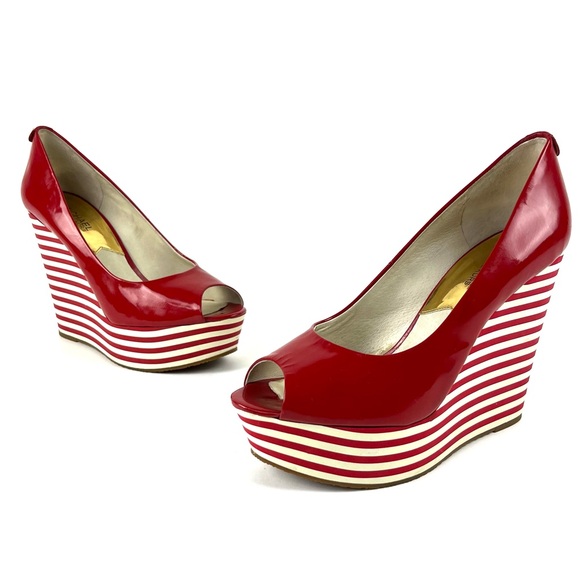 Michael Kors Adalia Red Patent Slim Striped Peep Toe Platform Wedges - Picture 3 of 10